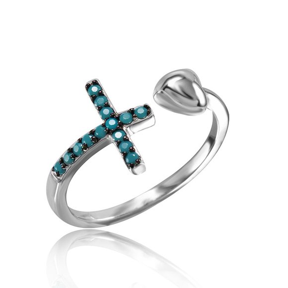 Sterling Silver 925 Cross and Synthetic Turquoise CZ Heart Ring - Picture 1 of 3